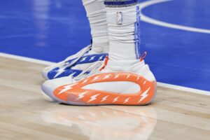 Mar 20, 2024; Oklahoma City, Oklahoma, USA; A close up view of Oklahoma City Thunder forward Jalen Williams shoes during the second half against the Utah Jazz at Paycom Center. Mandatory Credit: Alonzo Adams-USA TODAY Sports