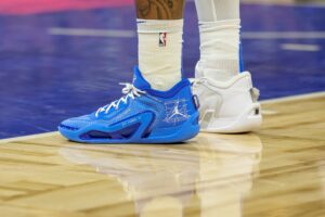 Mar 23, 2024; Orlando, Florida, USA; A detailed view of the shoes worn by Orlando Magic forward Paolo Banchero (5) during the game against the Sacramento Kings at KIA Center. Mandatory Credit: Mike Watters-USA TODAY Sports