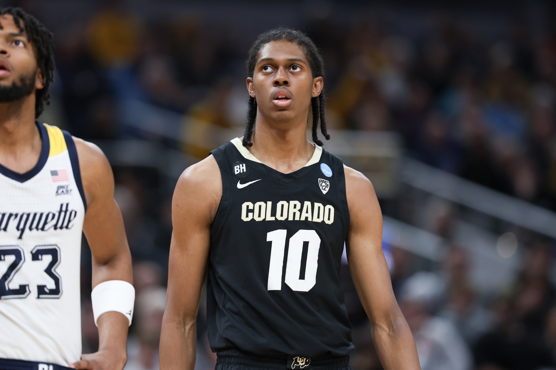 Mar 24, 2024; Indianapolis, IN, USA; Colorado Buffaloes forward Cody Williams (10) looks on during the first half against the Marquette Golden Eagles at Gainbridge FieldHouse. Mandatory Credit: Trevor Ruszkowski-USA TODAY Sports