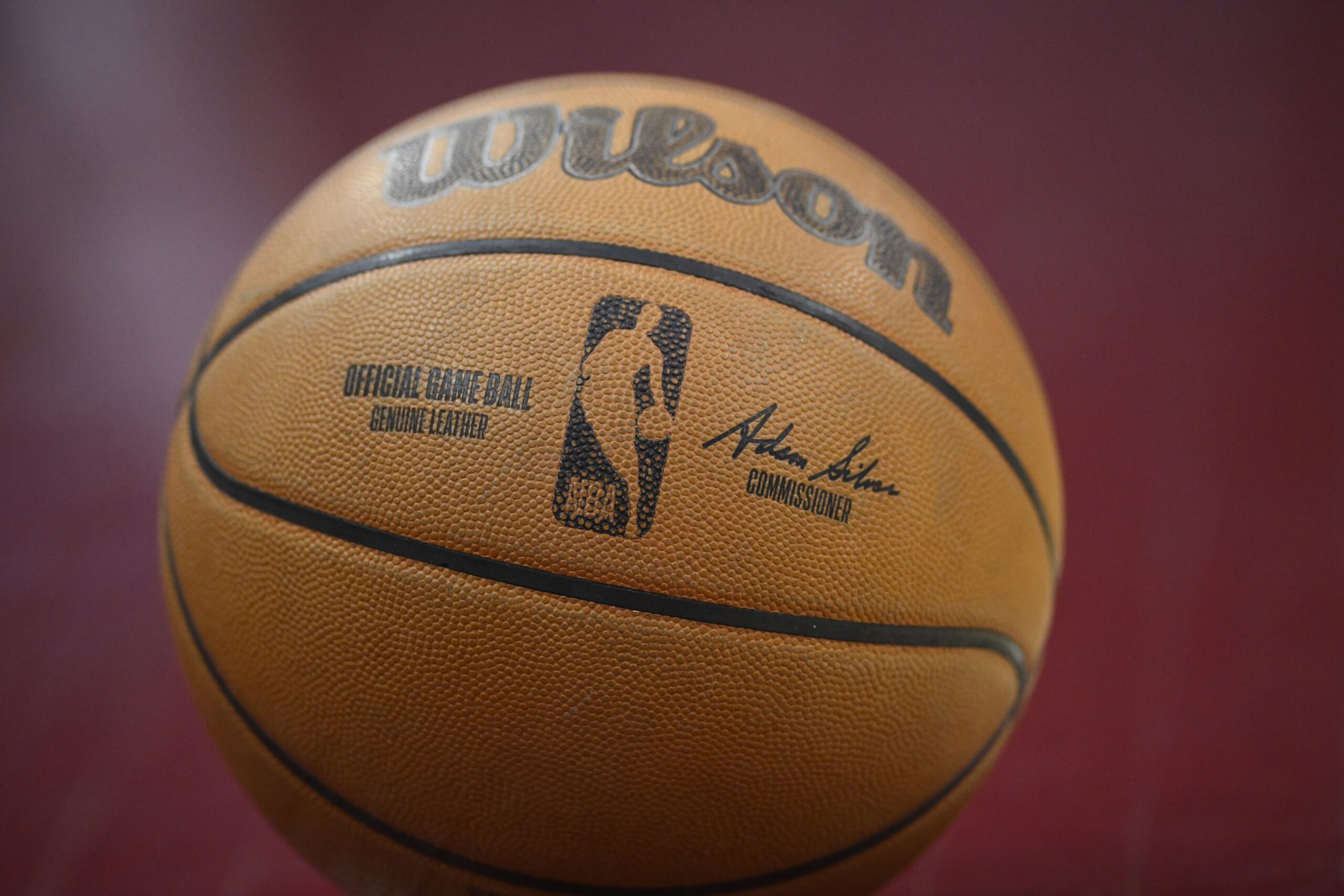 Mar 25, 2024; Cleveland, Ohio, USA; A general view of an official NBA game basketball in the second quarter of a game between the Cleveland Cavaliers and the Charlotte Hornets at Rocket Mortgage FieldHouse. Mandatory Credit: David Richard-USA TODAY Sports
