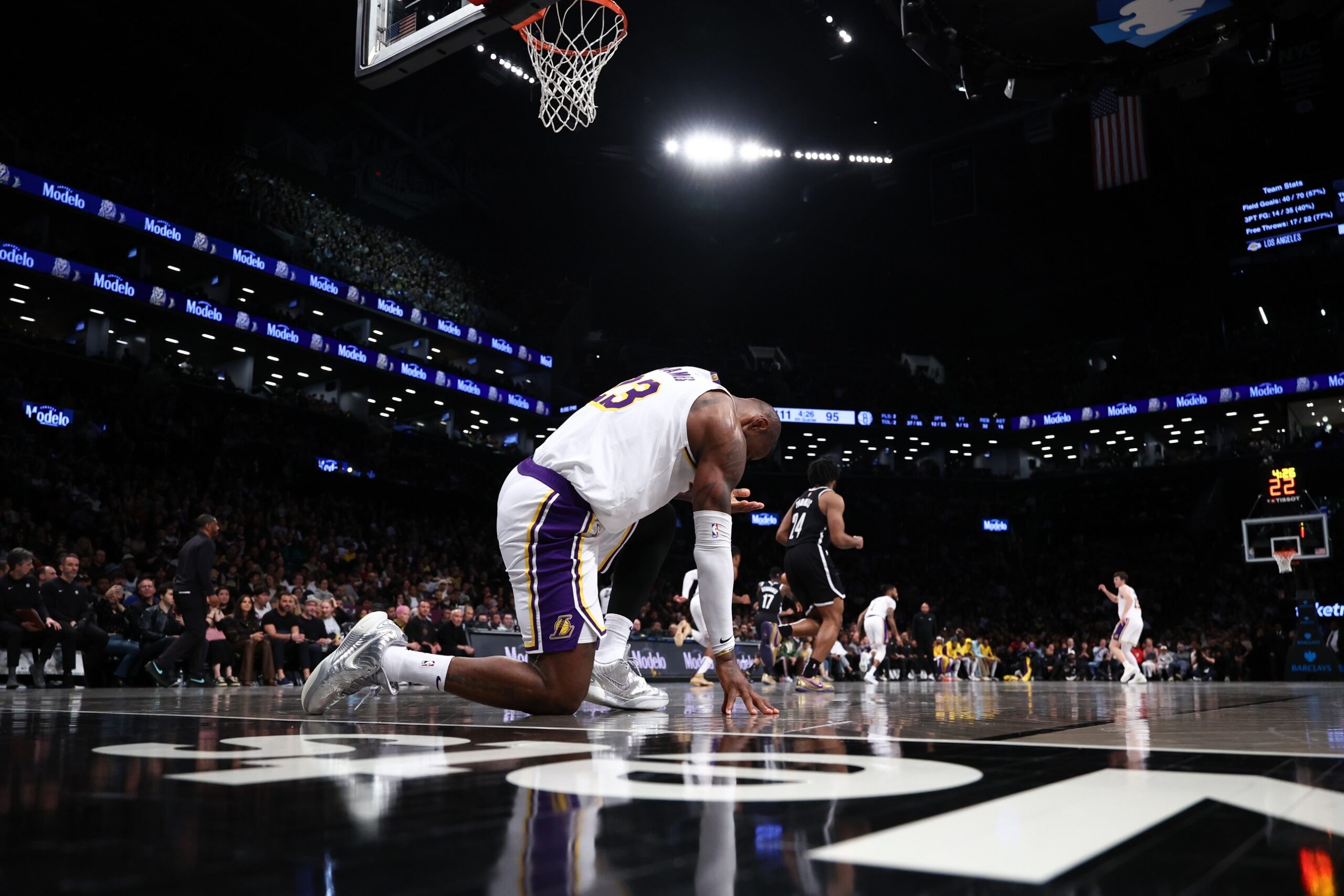 Los Angeles Lakers forward LeBron James (23) reacts after a play during the second half against the Brooklyn Nets at Barclays Center.