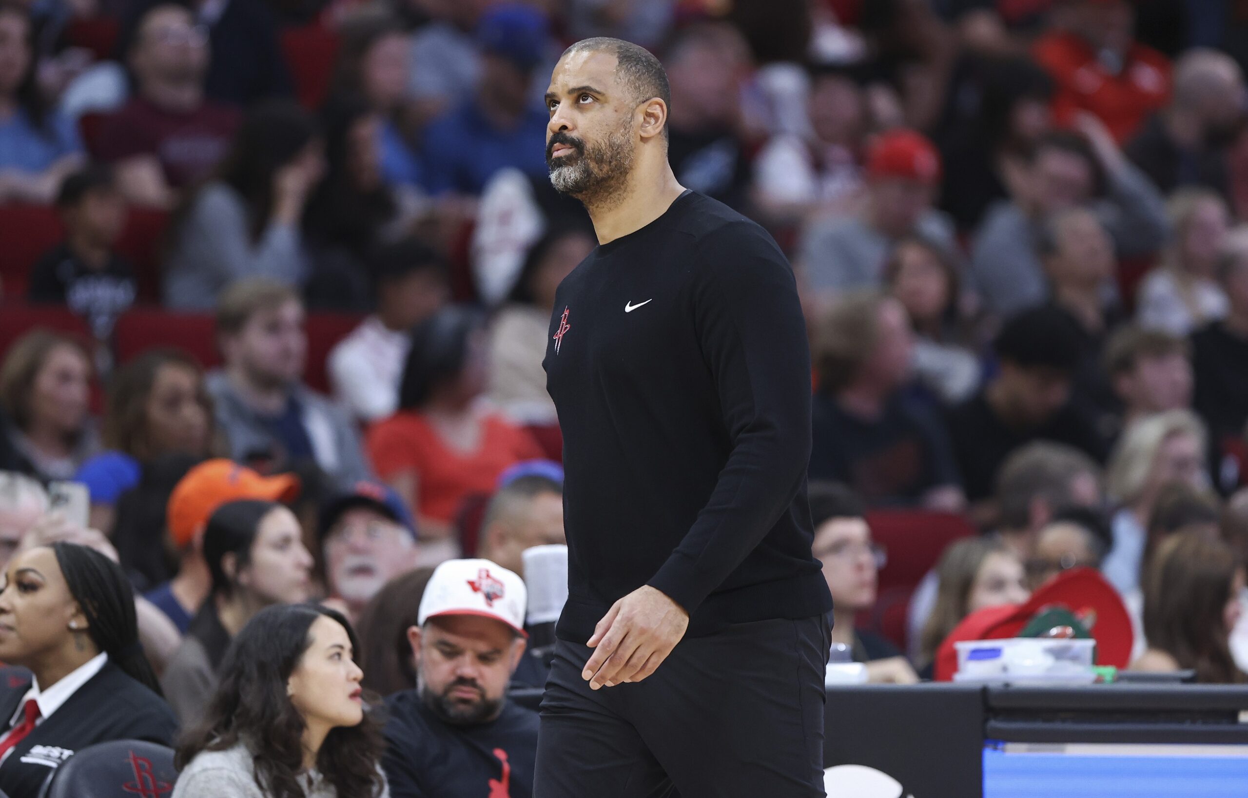 Mar 31, 2024; Houston, Texas, USA; Houston Rockets head coach Ime Udoka reacts after a play during the third quarter against the Dallas Mavericks at Toyota Center. Mandatory Credit: Troy Taormina-USA TODAY Sports
