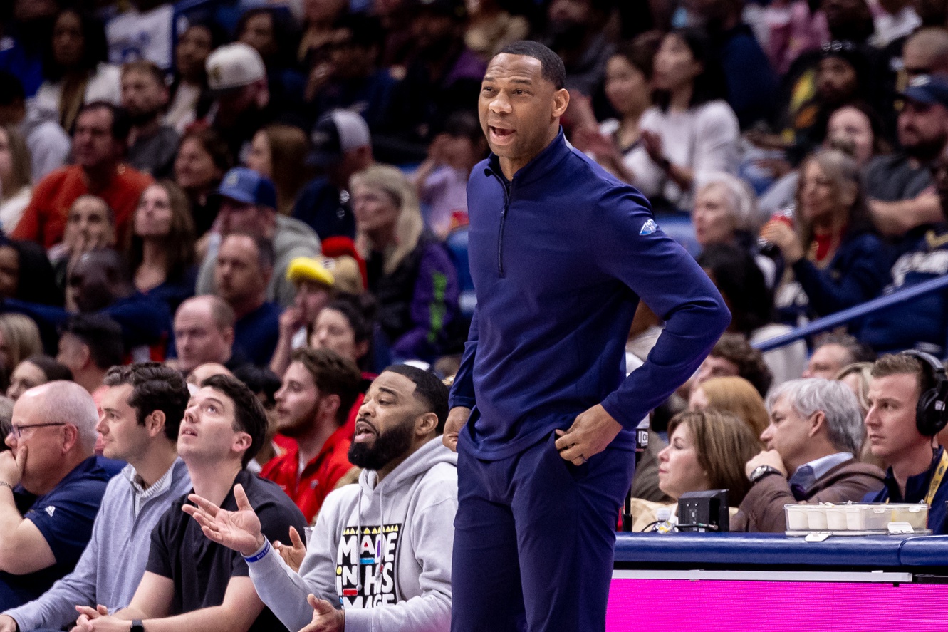 Apr 3, 2024; New Orleans, Louisiana, USA; New Orleans Pelicans head coach Willie Green from the bench against the Orlando Magic during the first half at Smoothie King Center. Mandatory Credit: Stephen Lew-USA TODAY Sports