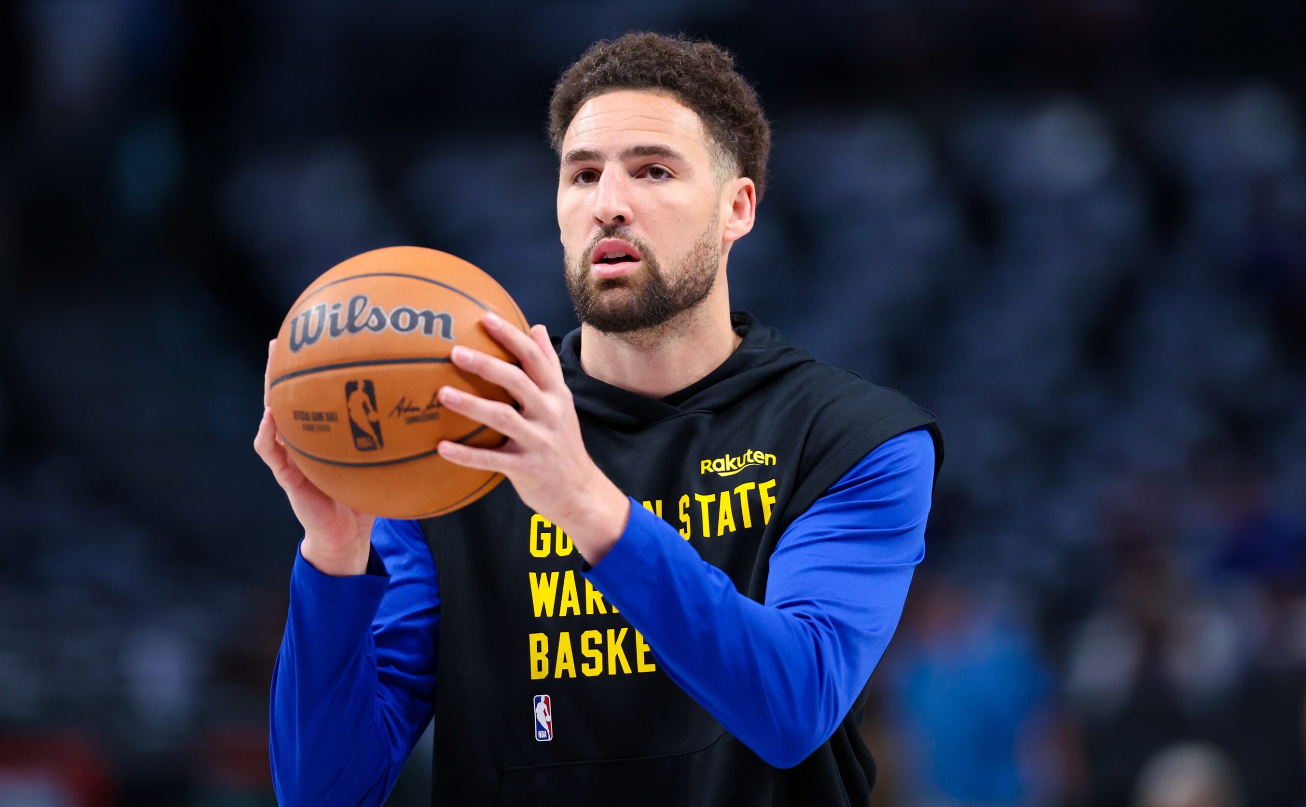Apr 5, 2024; Dallas, Texas, USA; Golden State Warriors guard Klay Thompson (11) warms up before the game against the Dallas Mavericks at American Airlines Center. Mandatory Credit: Kevin Jairaj-USA TODAY Sports
