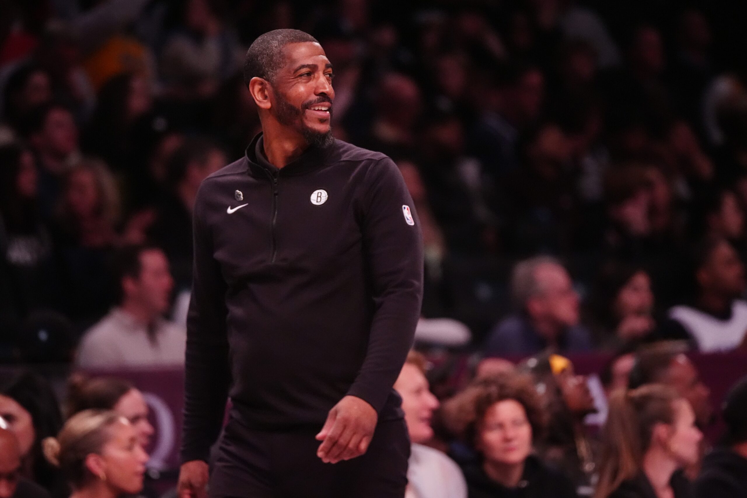 Apr 6, 2024; Brooklyn, New York, USA; Brooklyn Nets head coach Kevin Ollie during the first half against the Detroit Pistons at Barclays Center. Mandatory Credit: Gregory Fisher-USA TODAY Sports