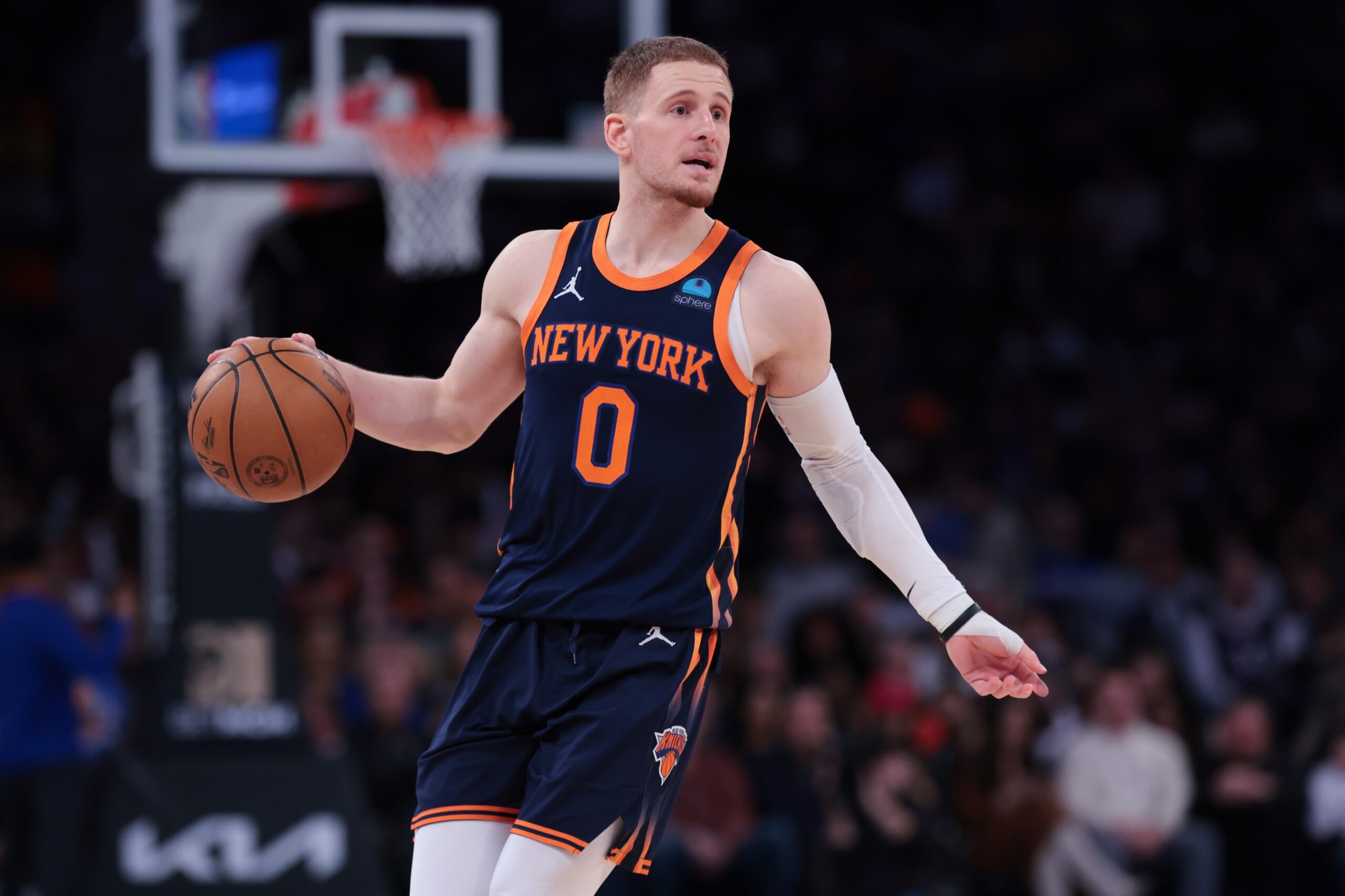 Apr 12, 2024; New York, New York, USA; New York Knicks guard Donte DiVincenzo (0) dribbles up court during the second half against the Brooklyn Nets at Madison Square Garden. Mandatory Credit: Vincent Carchietta-USA TODAY Sports