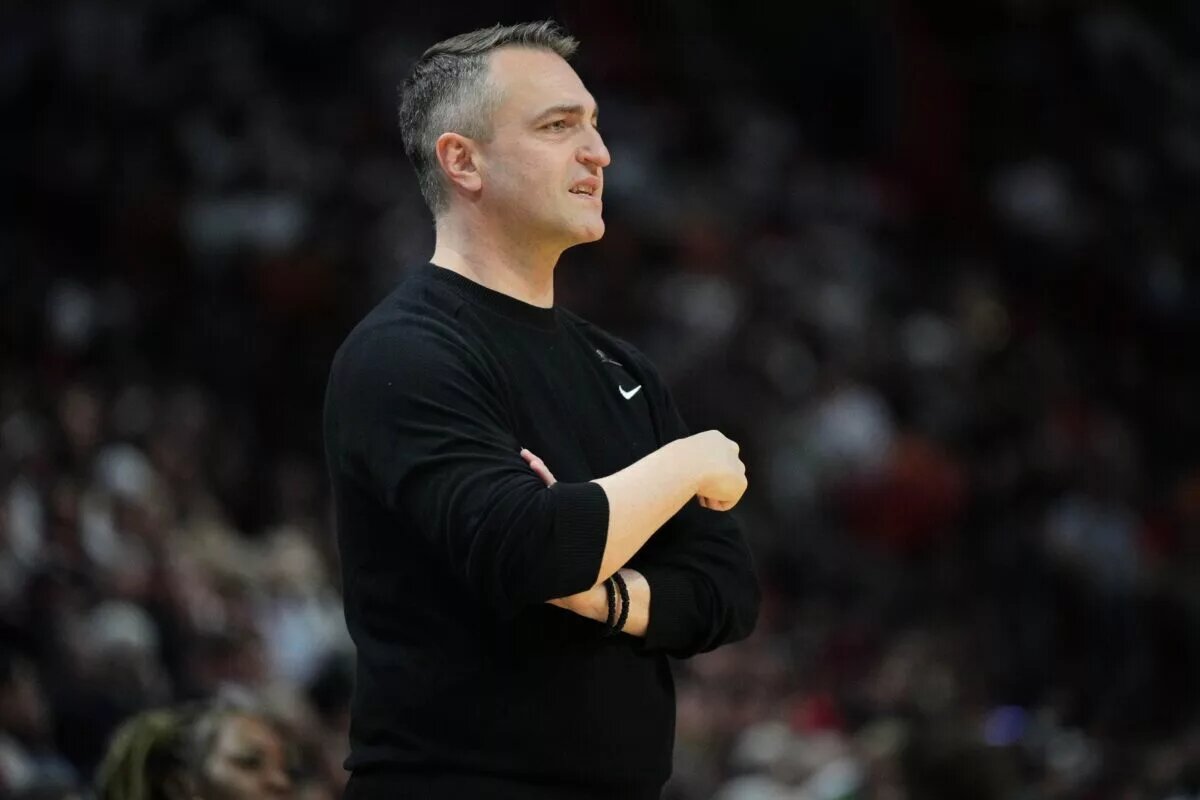 Apr 12, 2024; Miami, Florida, USA; Toronto Raptors head coach Darko Rajakovic, center, directs his team during the second half against the Miami Heat at Kaseya Center. Mandatory Credit: Jim Rassol-USA TODAY Sports
