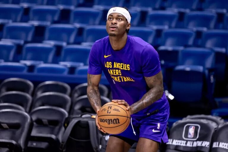 Apr 14, 2024; New Orleans, Louisiana, USA; Los Angeles Lakers forward Jarred Vanderbilt (2) during warmups before the game against the New Orleans Pelicans at Smoothie King Center. Mandatory Credit: Stephen Lew-USA TODAY Sports