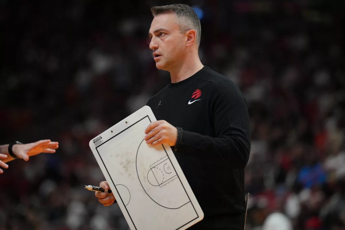 Apr 14, 2024; Miami, Florida, USA; Toronto Raptors head coach Darko Rajakovic prepares for a timeout during the first half against the Miami Heat at Kaseya Center. Mandatory Credit: Jim Rassol-USA TODAY Sports