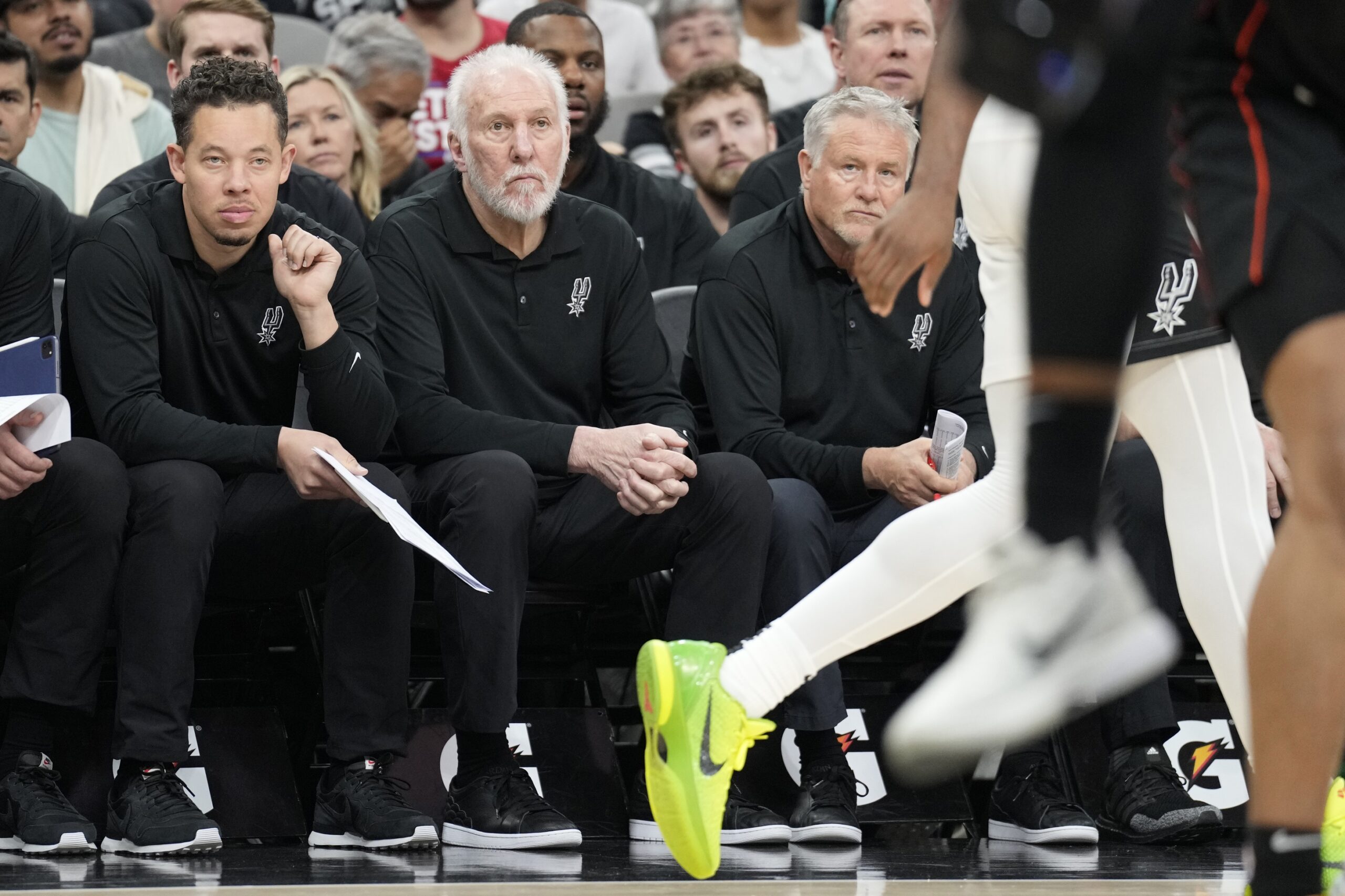 San Antonio Spurs head coach Gregg Popovich observes his team during the second half against the Detroit Pistons at Frost Bank Center.