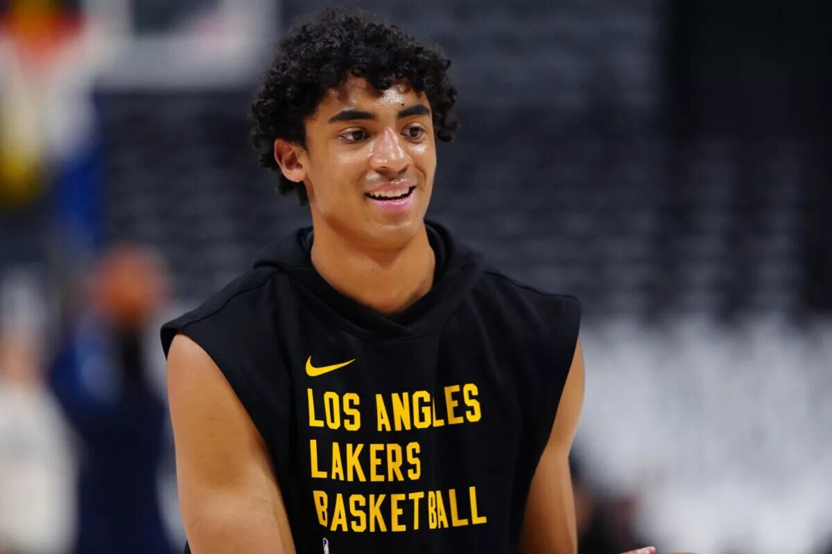 Apr 22, 2024; Denver, Colorado, USA; Los Angeles Lakers guard Max Christie (10) before the game against the Denver Nuggets during game two of the first round for the 2024 NBA playoffs at Ball Arena. Mandatory Credit: Ron Chenoy-USA TODAY Sports
