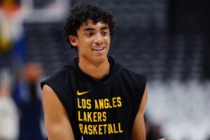 Apr 22, 2024; Denver, Colorado, USA; Los Angeles Lakers guard Max Christie (10) before the game against the Denver Nuggets during game two of the first round for the 2024 NBA playoffs at Ball Arena. Mandatory Credit: Ron Chenoy-USA TODAY Sports