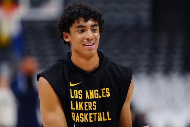 Apr 22, 2024; Denver, Colorado, USA; Los Angeles Lakers guard Max Christie (10) before the game against the Denver Nuggets during game two of the first round for the 2024 NBA playoffs at Ball Arena. Mandatory Credit: Ron Chenoy-USA TODAY Sports