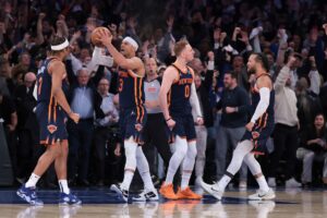 New York Knicks guard Josh Hart (3) celebrates with teammates after being fouled during the fourth quarter during game two of the first round for the 2024 NBA playoffs against the Philadelphia 76ers at Madison Square Garden.