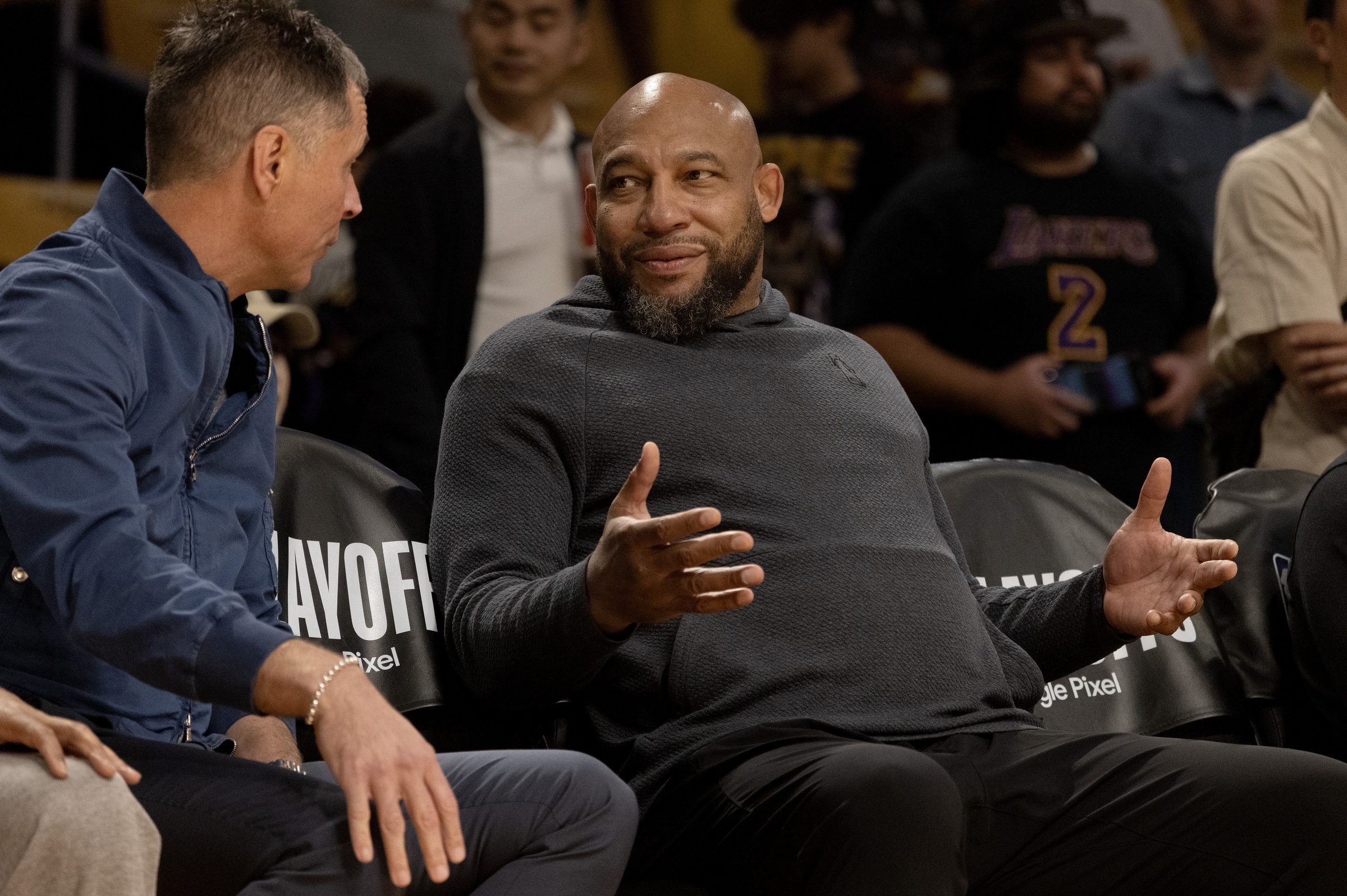Apr 27, 2024; Los Angeles, California, USA; Los Angeles Lakers head coach Darvin Ham during warms up before game four of the first round for the 2024 NBA playoffs against the Denver Nuggets at Crypto.com Arena. Mandatory Credit: Jason Parkhurst-USA TODAY Sports