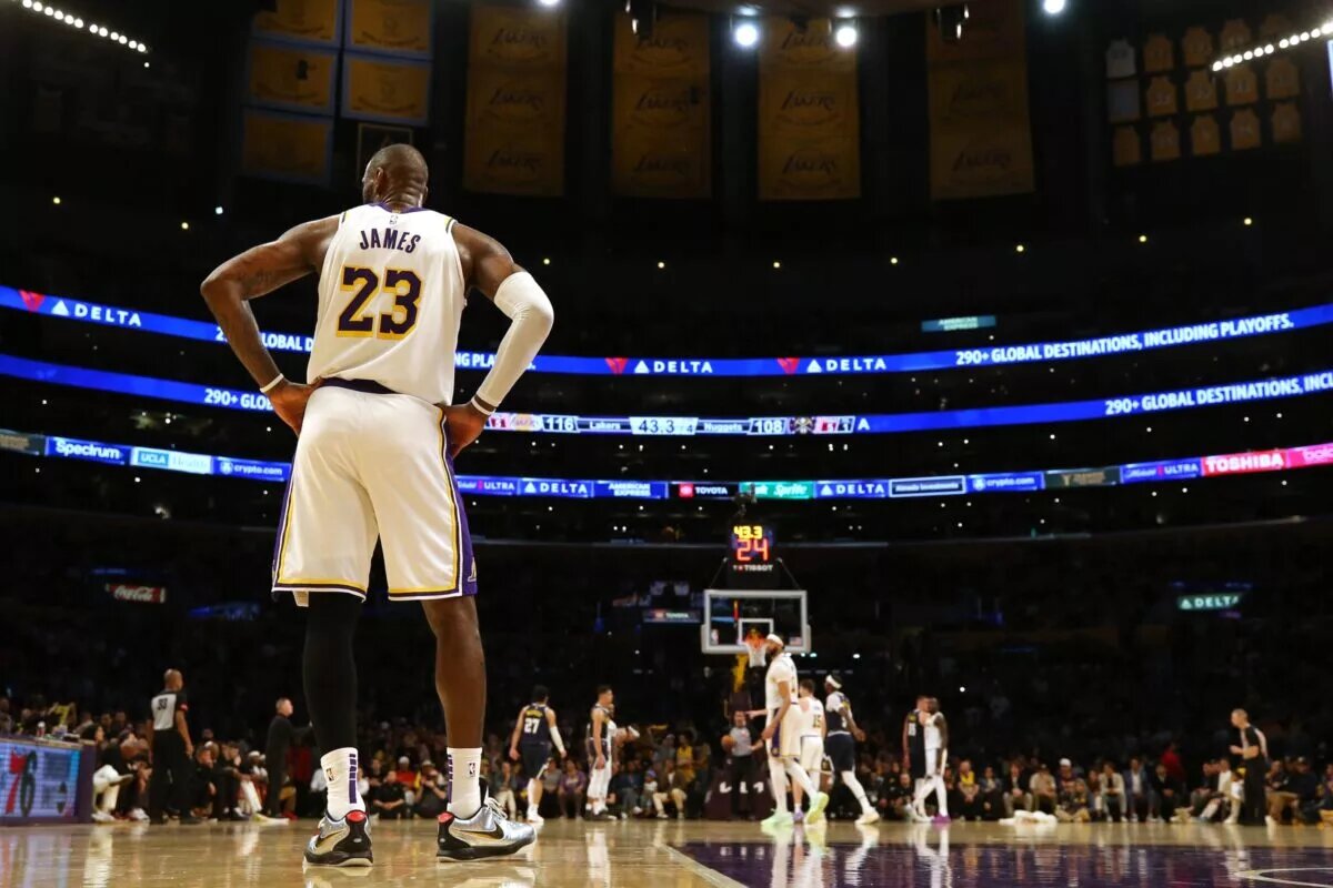 Apr 27, 2024; Los Angeles, California, USA; Los Angeles Lakers forward LeBron James (23) during the fourth quarter in game four of the first round for the 2024 NBA playoffs against the Denver Nuggets at Crypto.com Arena. Mandatory Credit: Jason Parkhurst-USA TODAY Sports