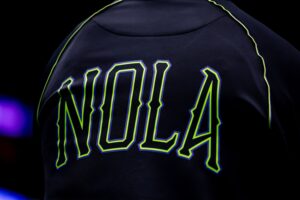 Detailed view of the City Edition logo for the New Orleans Pelicans against the Oklahoma City Thunder during the second half of game four of the first round for the 2024 NBA playoffs at Smoothie King Center.