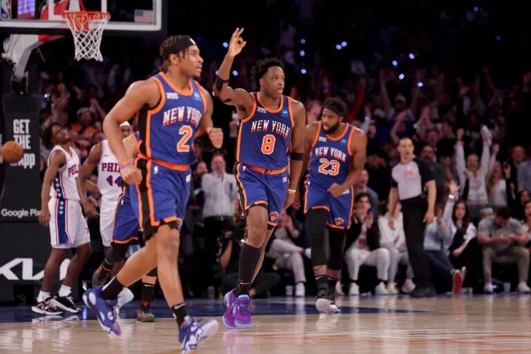 New York Knicks forward OG Anunoby celebrates against the Philadelphia 76ers