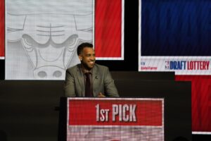 Atlanta Hawks general manager Landry Field reacts to getting No. 1 pick in 2024 NBA Draft Lottery