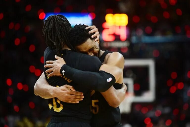Cleveland Cavaliers stars Donovan Mitchell and Darius Garland celebrate