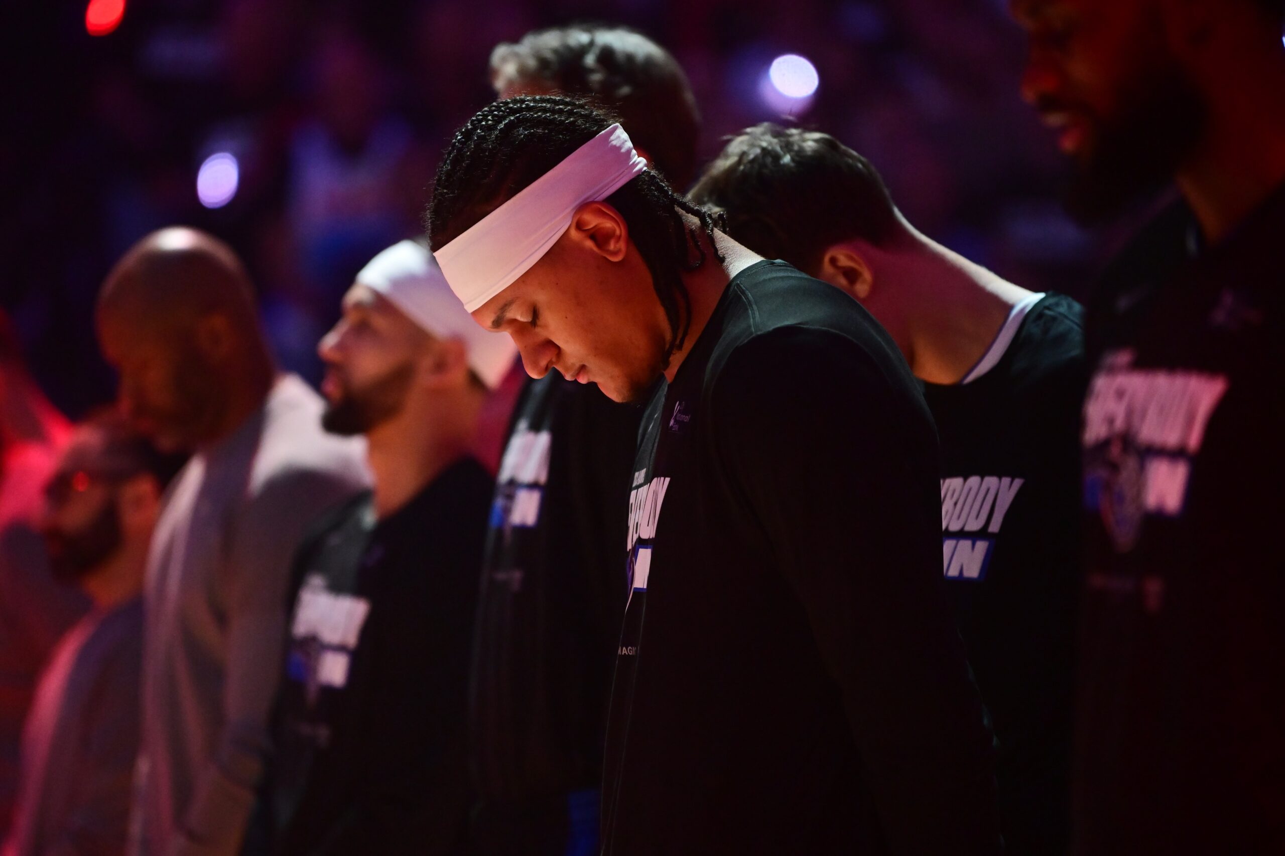 May 5, 2024; Cleveland, Ohio, USA; Orlando Magic forward Paolo Banchero (5) listens to the national anthem before the game between the Cleveland Cavaliers and the Magic at game seven of the first round for the 2024 NBA playoffs at Rocket Mortgage FieldHouse. Mandatory Credit: Ken Blaze-USA TODAY Sports