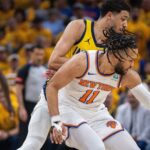 Indiana Pacers guard Tyrese Haliburton defends New York Knicks guard Jalen Brunson in 2024 NBA Playoffs