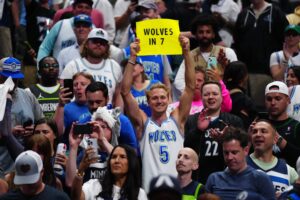 Fan holds up Game 7 sign after Timberwolves-Nuggets showdown, 2024 NBA Playoffs