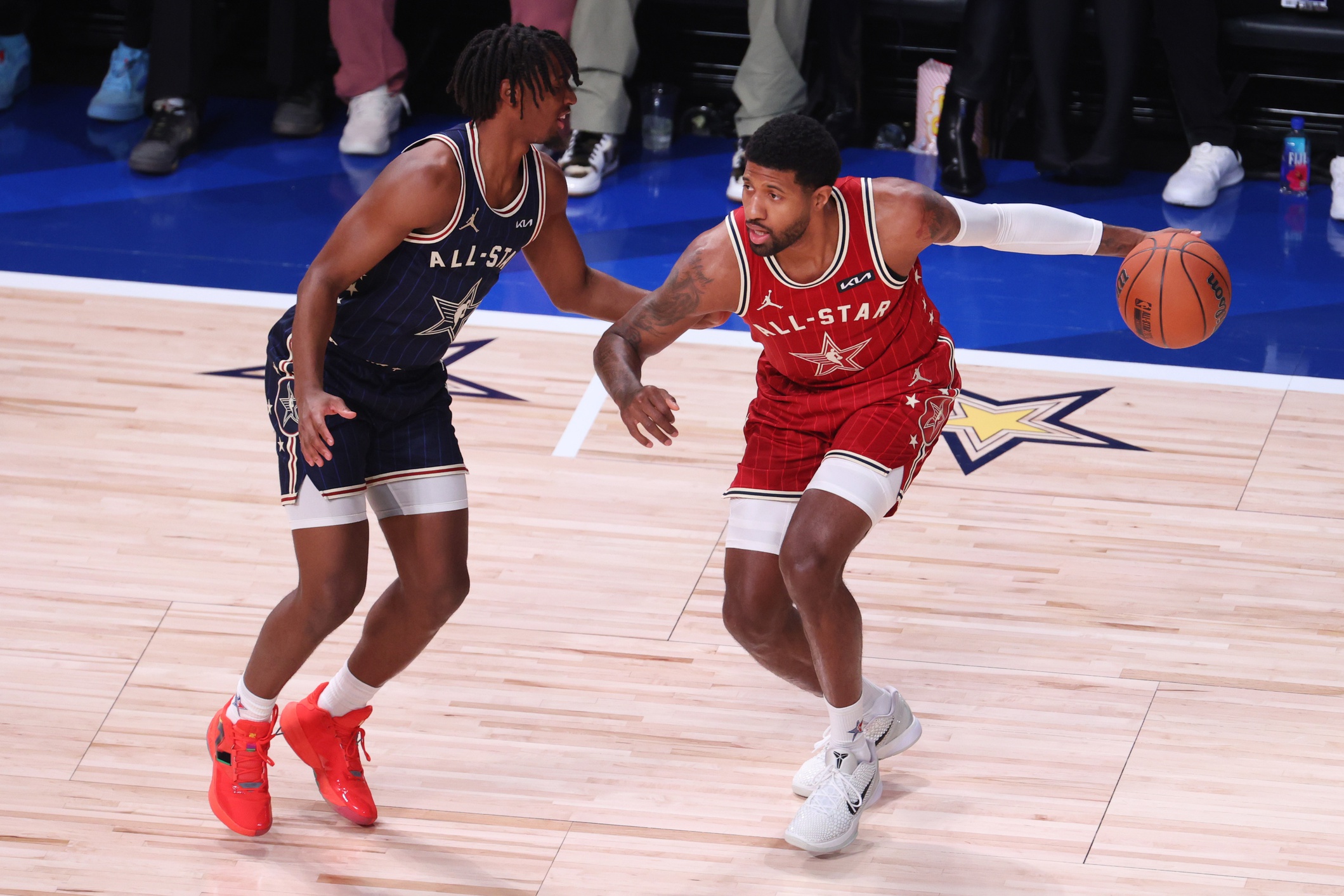 Philadelphia 76ers guard Tyrese Maxey and Los Angeles Clippers wing Paul George at All-Star Game