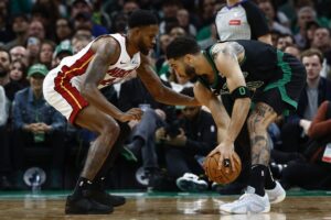 Miami Heat forward Haywood Highsmith guards Boston Celtics star Jayson Tatum