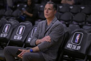 Mar 22, 2023; Los Angeles, California, USA; Rob Pelinka, Vice President of Operations watches players warm up prior to the game against the Phoenix Suns at Crypto.com Arena. Mandatory Credit: Jayne Kamin-Oncea-USA TODAY Sports
