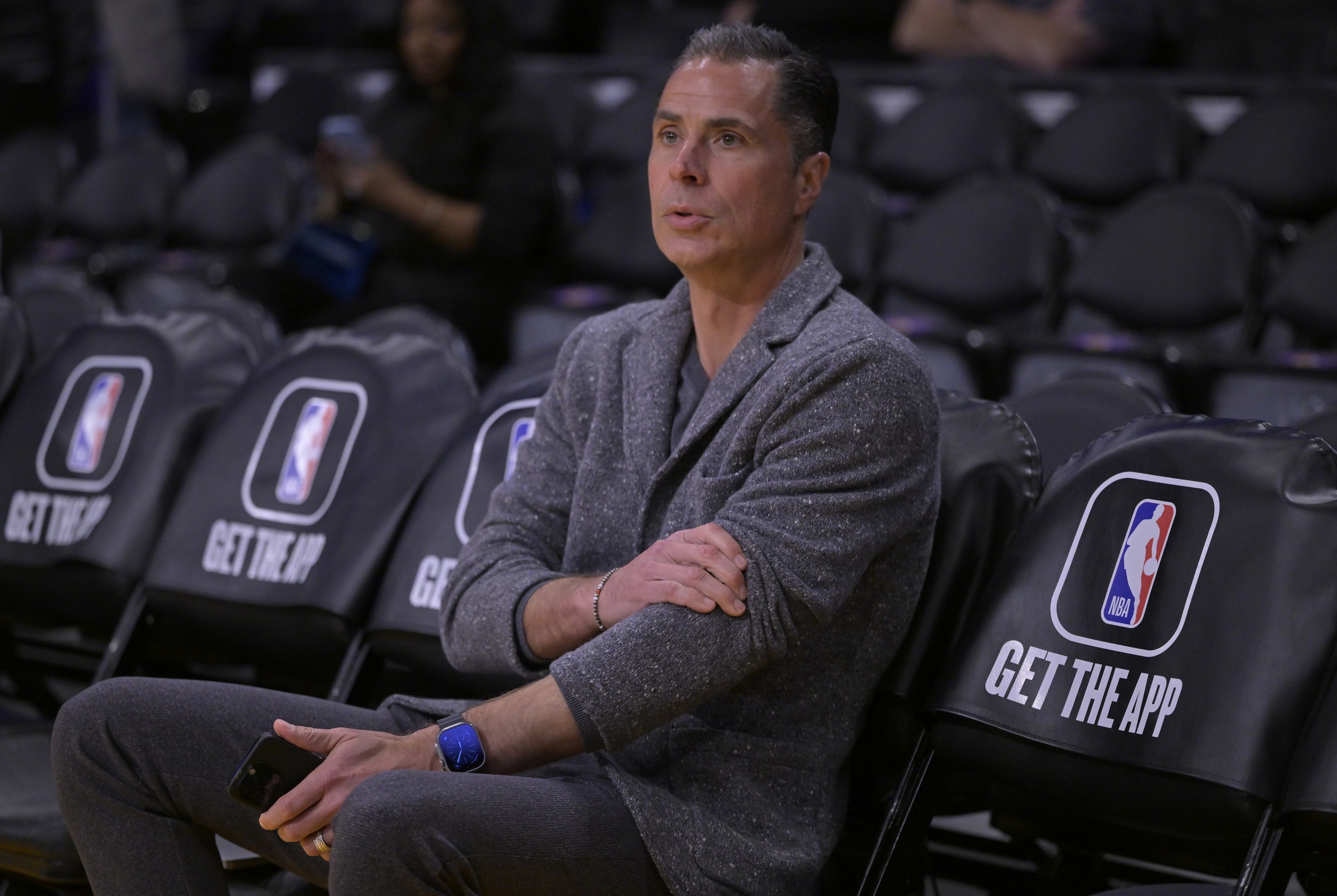 Mar 22, 2023; Los Angeles, California, USA; Rob Pelinka, Vice President of Operations watches players warm up prior to the game against the Phoenix Suns at Crypto.com Arena. Mandatory Credit: Jayne Kamin-Oncea-USA TODAY Sports