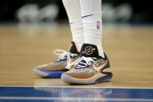 Mar 29, 2023; New York, New York, USA; Sneakers worn by New York Knicks forward Julius Randle (30) during the first quarter against the Miami Heat at Madison Square Garden. Mandatory Credit: Brad Penner-USA TODAY Sports