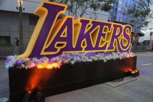 Dec 18, 2023; Los Angeles, California, USA; The Los Angeles Lakers logo outside of Crypto.com Arena. Mandatory Credit: Kirby Lee-USA TODAY Sports