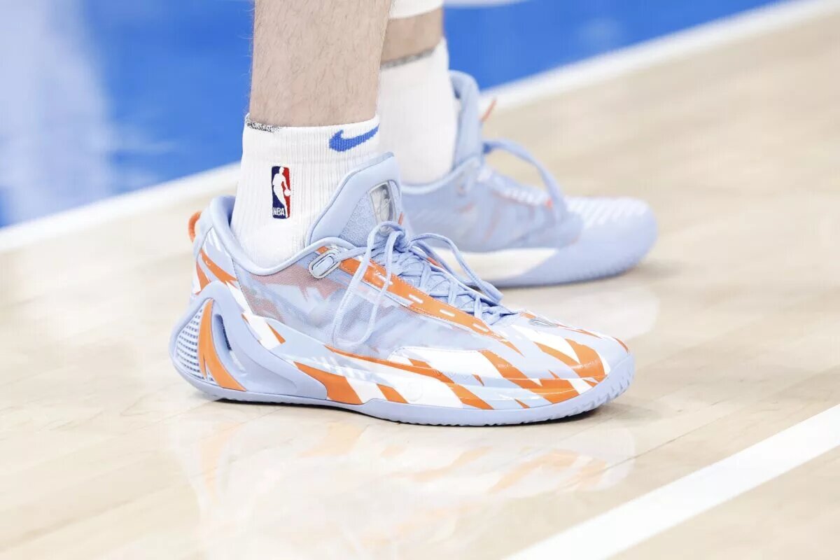 Feb 22, 2024; Oklahoma City, Oklahoma, USA; A close up view of Oklahoma City Thunder forward Gordon Hayward's shoes during the second quarter against the LA Clippers at Paycom Center. Mandatory Credit: Alonzo Adams-USA TODAY Sports