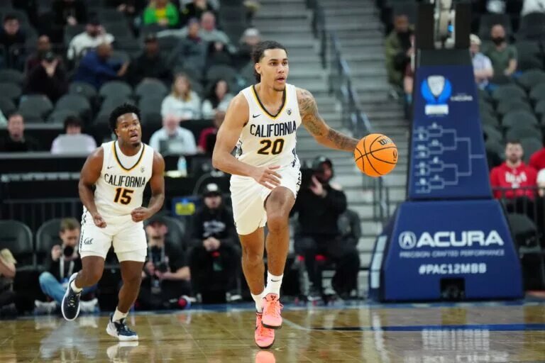 Mar 13, 2024; Las Vegas, NV, USA; California Golden Bears guard Jaylon Tyson (20) dribbles the ball against the Stanford Cardinal at T-Mobile Arena. Mandatory Credit: Kirby Lee-USA TODAY Sports