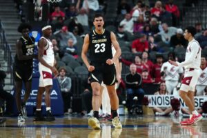 Mar 15, 2024; Las Vegas, NV, USA; Colorado Buffaloes forward Tristan da Silva (23) celebrates in the first half against the Washington State Cougars at T-Mobile Arena. Mandatory Credit: Kirby Lee-USA TODAY Sports
