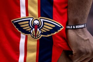 Mar 16, 2024; New Orleans, Louisiana, USA; Detailed view of the New Orleans Pelicans logo on the shorts of forward Zion Williamson (1) against the Portland Trail Blazers during the second half at Smoothie King Center. Mandatory Credit: Stephen Lew-USA TODAY Sports Brandon Ingram
