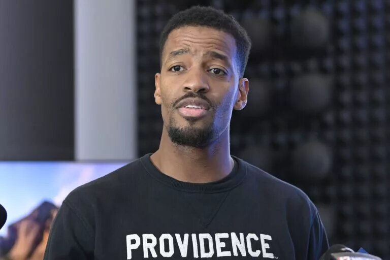 Mar 17, 2024; Providence, RI, USA; Providence College men's basketball head coach Kim English speaks to media following the NCAA March Madness bracket announcements at the Ruane Friar Development Center. Mandatory Credit: Eric Canha-USA TODAY Sports