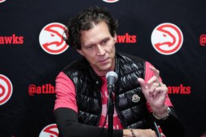 Mar 18, 2024; Los Angeles, California, USA; Atlanta Hawks coach Quin Snyder at a press conference during the game against the Los Angeles Lakers at Crypto.com Arena. Mandatory Credit: Kirby Lee-USA TODAY Sports Clint Capela