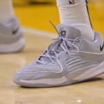 Mar 24, 2024; Los Angeles, California, USA; Detailed view of the basketball sneakers worn by Indiana Pacers forward Pascal Siakam (43) in the game against the Los Angeles Lakers at Crypto.com Arena. Mandatory Credit: Jayne Kamin-Oncea-USA TODAY Sports