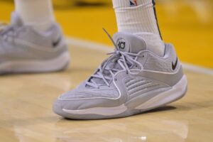 Mar 24, 2024; Los Angeles, California, USA; Detailed view of the basketball sneakers worn by Indiana Pacers forward Pascal Siakam (43) in the game against the Los Angeles Lakers at Crypto.com Arena. Mandatory Credit: Jayne Kamin-Oncea-USA TODAY Sports