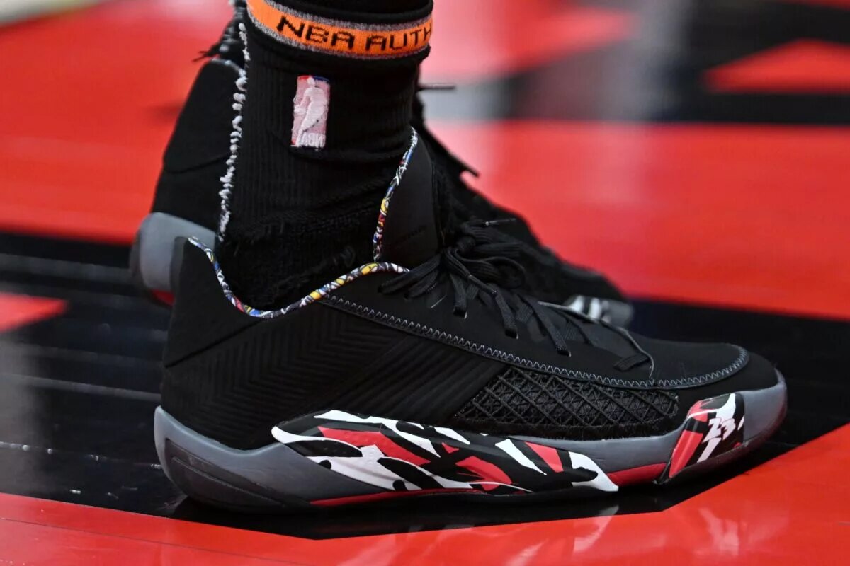 Mar 27, 2024; Toronto, Ontario, CAN; Aview of a shoe worn by Toronto Raptors guard Bruce Brown (11) against the New York Knicks at Scotiabank Arena. Mandatory Credit: Dan Hamilton-USA TODAY Sports