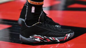 Mar 27, 2024; Toronto, Ontario, CAN; Aview of a shoe worn by Toronto Raptors guard Bruce Brown (11) against the New York Knicks at Scotiabank Arena. Mandatory Credit: Dan Hamilton-USA TODAY Sports