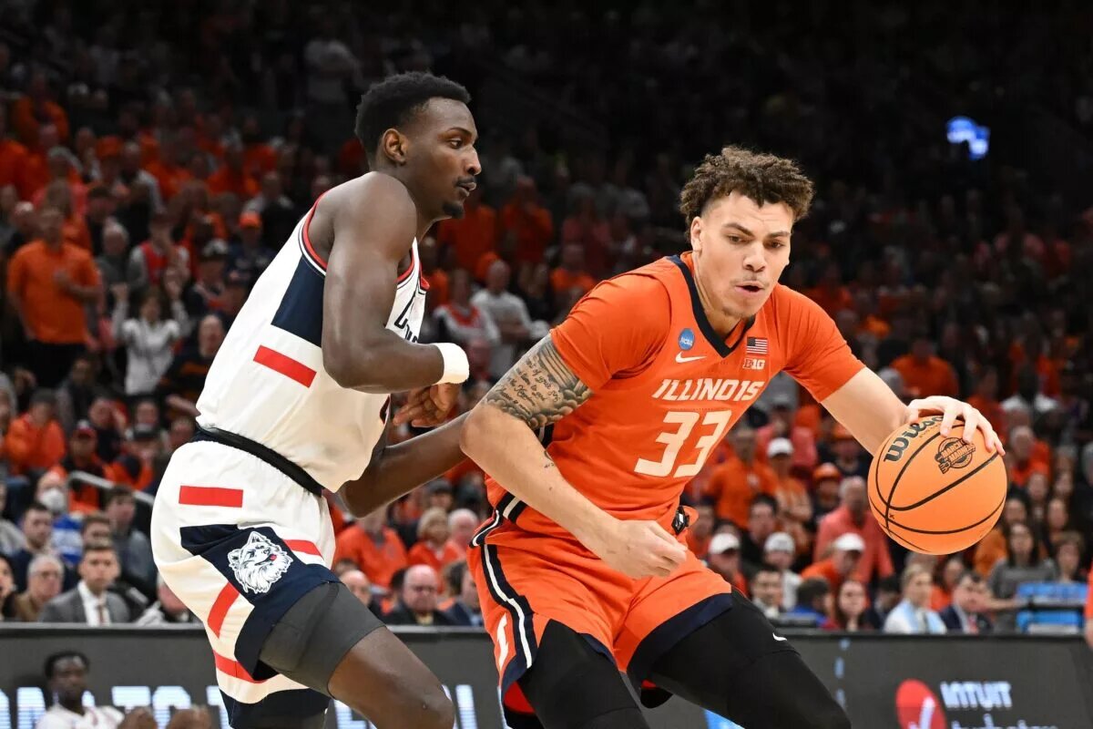 Mar 30, 2024; Boston, MA, USA; Illinois Fighting Illini forward Coleman Hawkins (33) dribbles the ball against the Connecticut Huskies in the finals of the East Regional of the 2024 NCAA Tournament at TD Garden. Mandatory Credit: Brian Fluharty-USA TODAY Sports