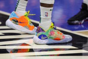 Apr 14, 2024; Orlando, Florida, USA; A detailed view of the shoes worn by Milwaukee Bucks guard Patrick Beverley (21) during the game against the Orlando Magic at KIA Center. Mandatory Credit: Mike Watters-USA TODAY Sports