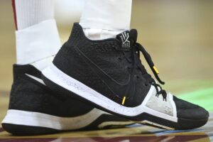 Apr 20, 2024; Cleveland, Ohio, USA; A general view of the shoes of Cleveland Cavaliers center Jarrett Allen (31) in the second quarter against the Orlando Magic during game one of the first round for the 2024 NBA playoffs at Rocket Mortgage FieldHouse. Mandatory Credit: David Richard-USA TODAY Sports