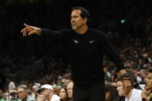 Miami Heat head coach Erik Spoelstra directs his players during the first quarter of game five of the first round of the 2024 NBA playoffs against the Boston Celtics at TD Garden.