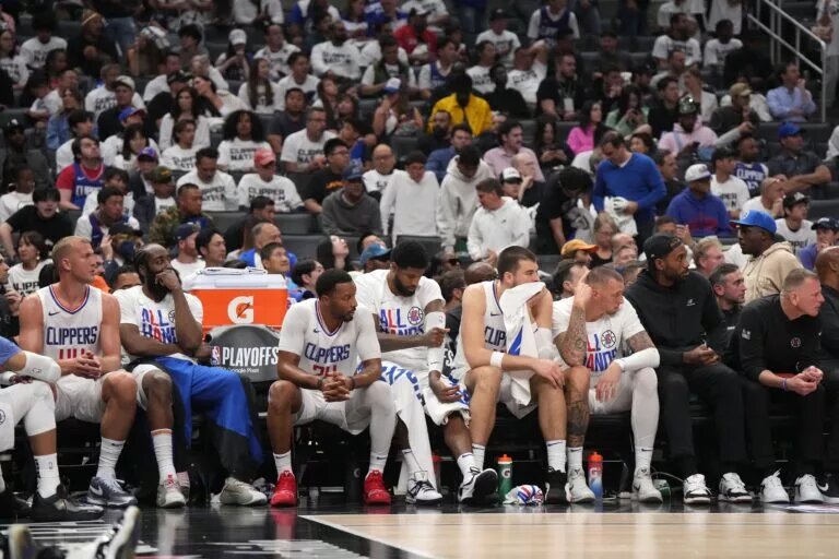 May 1, 2024; Los Angeles, California, USA; LA Clippers center Mason Plumlee (44), guard James Harden (1), guard Norman Powell (24), forward Paul George (13), center Ivica Zubac (40), center Daniel Theis (10) and forward Kawhi Leonard (2) react in in the second half during game five of the first round for the 2024 NBA playoffs at Crypto.com Arena. Mandatory Credit: Kirby Lee-USA TODAY Sports
