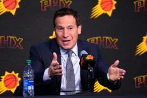 Suns owner Mat Ishbia speaks with the press during a news conference at Footprint Center in Phoenix on May 1, 2024.