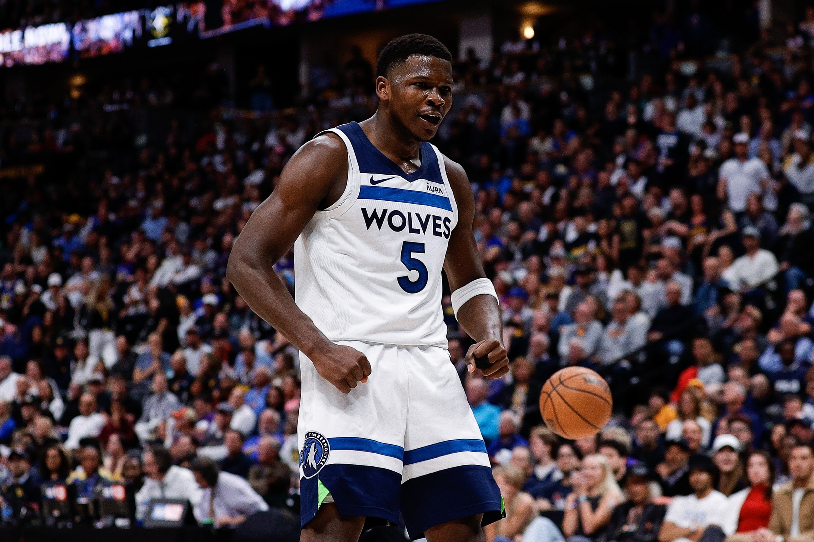 Minnesota Timberwolves guard Anthony Edwards (5) reacts after a play in the second quarter against the Denver Nuggets during game two of the second round for the 2024 NBA playoffs at Ball Arena.
